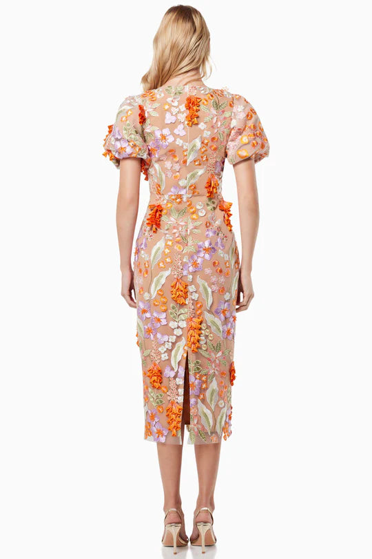 Elliatt Collective  Remix 3D Flowers Midi Dress - Orange Multi