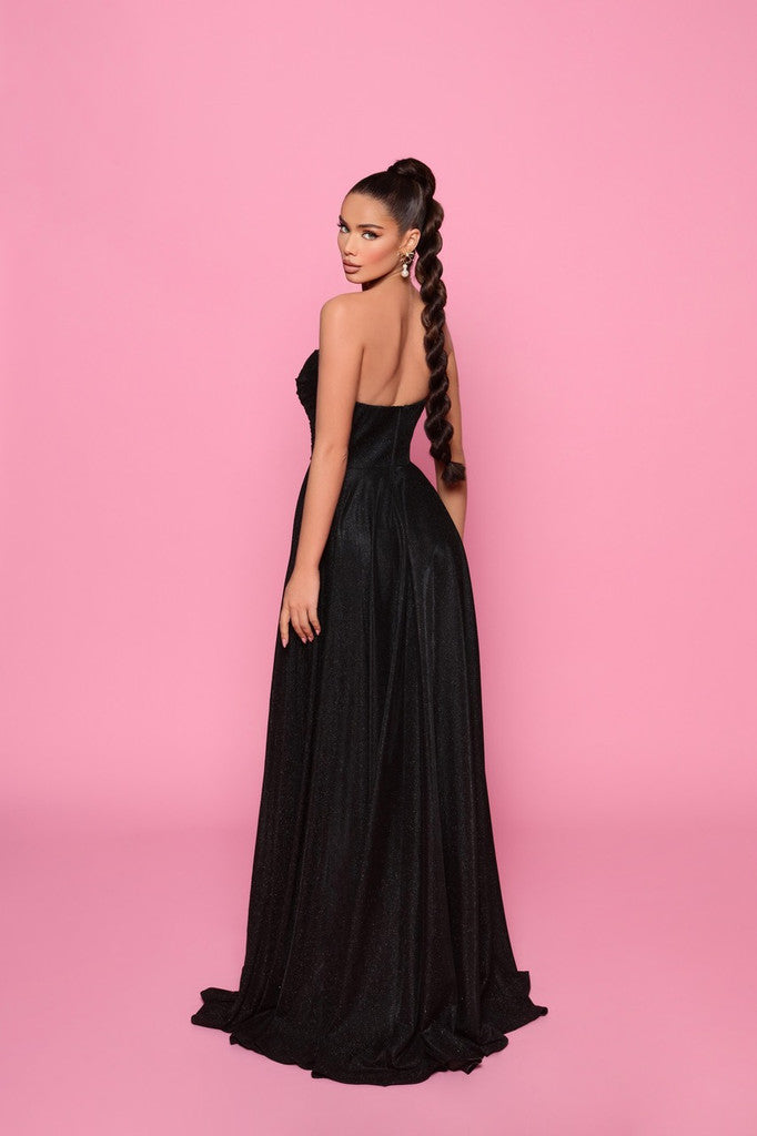 NICOLETTA GOWN - shimmering black draped bodice a line gown