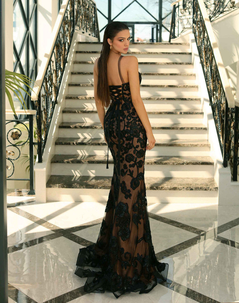 Nicoletta Gown - Black/Nude embellished lace gala ball gown