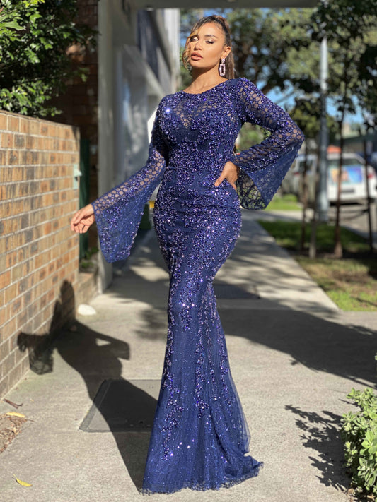 J'ADORE AUSTRALIA JERSEY GOWN - NAVY - Bread Boutique  - absolutely stunning, asymmetrical, beaded, BEAUTIFUL, comfortable, dress, ELEGANT, FISHTAIL, FITTED, FLAMBOYANT, flattering, floaty, FULL LENGTH, GLAMOROUS, GORGEOUS, GOWNS, heavy, J'ADORE, long sleeve, LONG SLEEVED, loose fit, NAVY, polyester, sequin, SEQUINED, SEXY, SHIMMER, SHIMMERING, shiny, sleeved, SOFT, SOPHISTICATED, sophisticaterd, STRETCHY, STUNNING, stylish, SUPERB - Darwin boutique - Darwin fashion