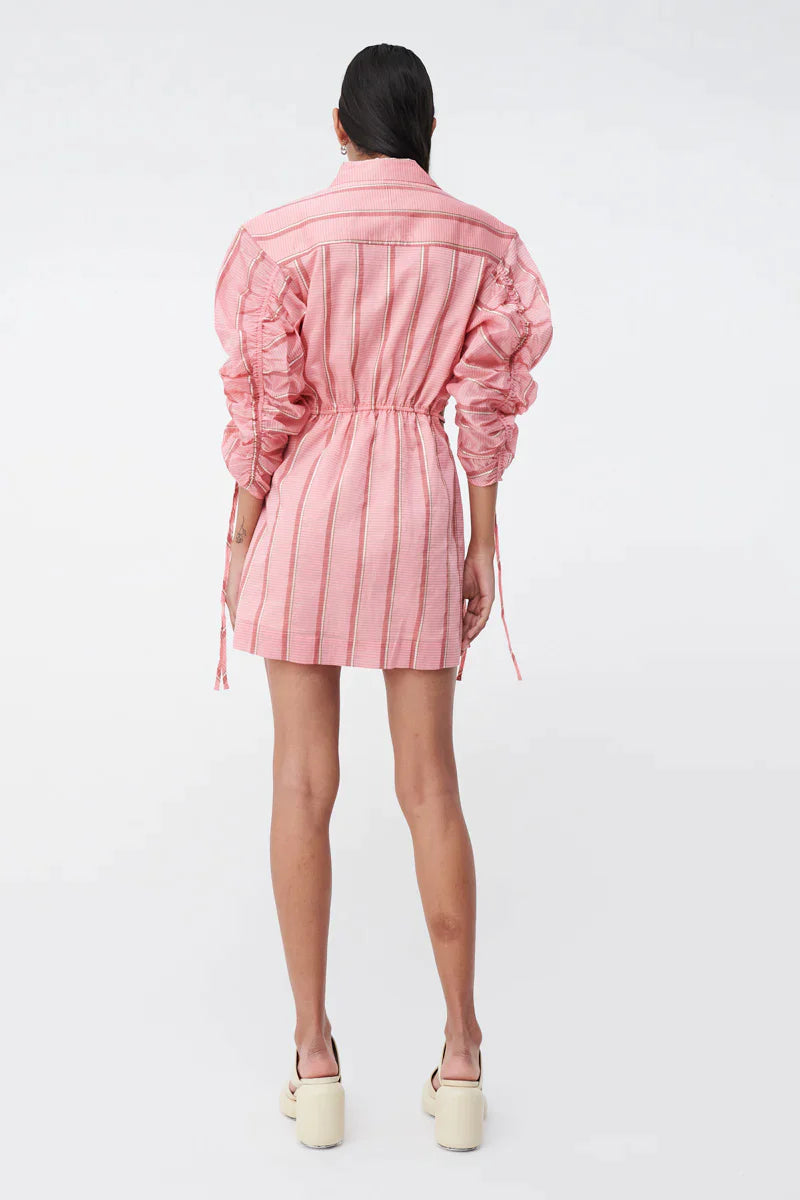 Suboo Pablo Ruched Sleeved Mini Shirtdress - PINK - Bread Boutique  - asymmetrical, GLAMOROUS, PINK, SEXY, shirt, SHIRTDRESS, SOFT, SOPHISTICATED, STRIPED, STUNNING, SUBOO, SUPERB, WAISTED - Darwin boutique - Darwin fashion