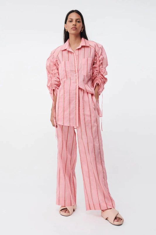 SUBOO PABLO RUCHED SLEEVE OVERSIZED SHIRT - PINK - Bread Boutique  - asymmetrical, BLUSH, GLAMOROUS, PINK, SEXY, SHIMMER, shiny, shirt, SOFT, STRIPED, STUNNING, SUBOO, SUPERB - Darwin boutique - Darwin fashion