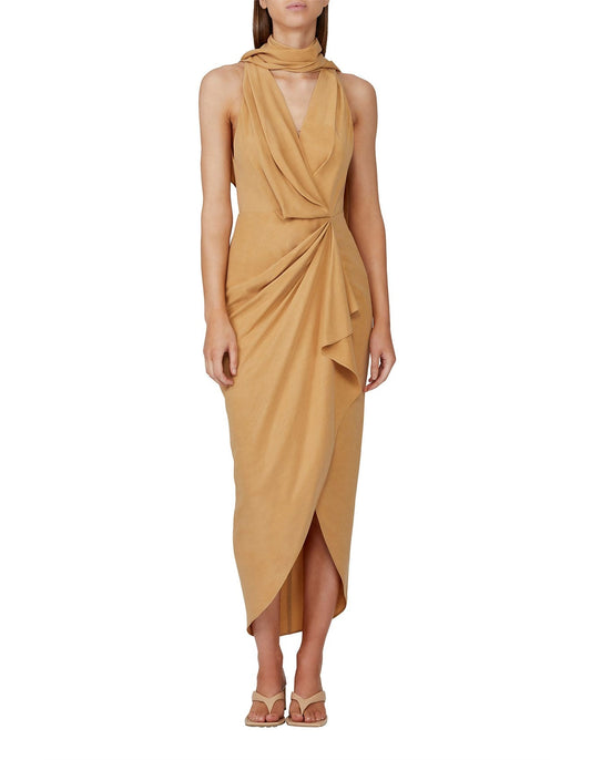 ACLER DALESIDE DRESS - Bread Boutique  - ACLER, asymmetrical, draped, dress, eveningwear, GLAMOROUS, GORGEOUS, IMMACULATE, pleated, polyester, scarf, SEXY, sleeveless, SOFT, SOPHISTICATED, sophisticaterd, STRETCHY, STUNNING, stylish, SUPERB, tan, WAISTED - Darwin boutique - Darwin fashion