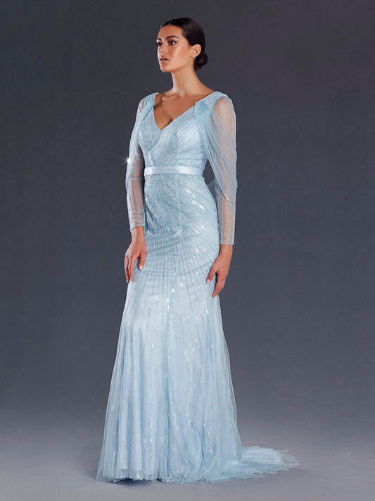 J'ADORE  AUSTRALIA DRESS - PALE BLUE - Bread Boutique  - absolutely stunning, asymmetrical, BLUE, dress, EMBELLISHED, FISHTAIL, GLAMOROUS, GORGEOUS, GOWNS, J'ADORE, long sleeve, LONG SLEEVED, polyester, sequin, SEQUINED, SEXY, shawl, SHIMMER, SHIMMERING, silver, SOFT, SOPHISTICATED, sophisticaterd, STRETCHY, STUNNING, stylish, SUPERB, WAISTED - Darwin boutique - Darwin fashion
